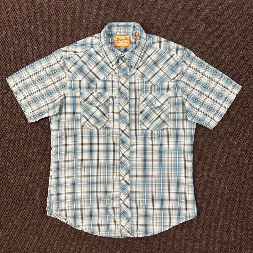 Wrangler Western Pearl Snap Shirt Mens Large Blue Plaid Short Sleeve